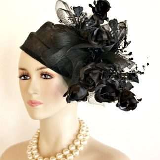 Women's Haute Couture Black Sinamay Straw Wedding Pillbox Hat