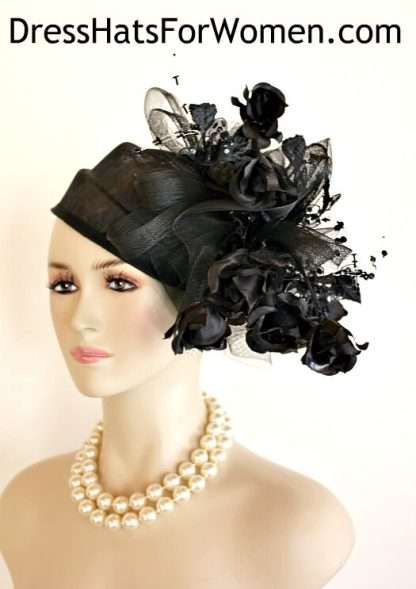 Women's Haute Couture Black Sinamay Straw Wedding Pillbox Hat