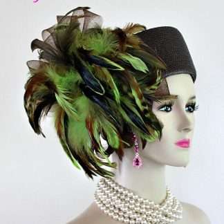 Women's Haute Couture Designer Brown Lime Green Pillbox Hat