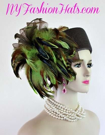 Women's Haute Couture Designer Brown Lime Green Pillbox Hat