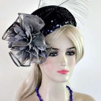 Women's Haute Couture Navy Blue Grey Pillbox Hat