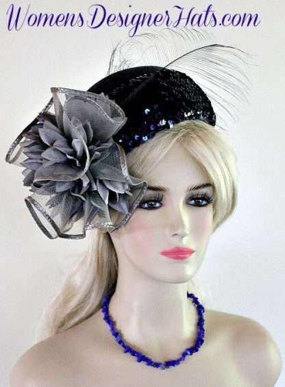 Women's Haute Couture Navy Blue Grey Pillbox Hat