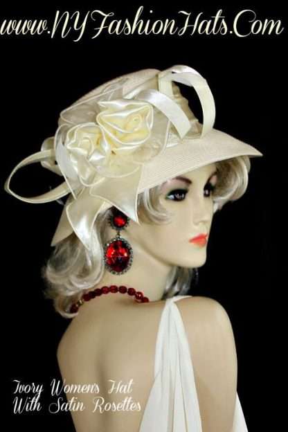 Women's Ivory Soft Beige Satin Bow Couture Designer Hat