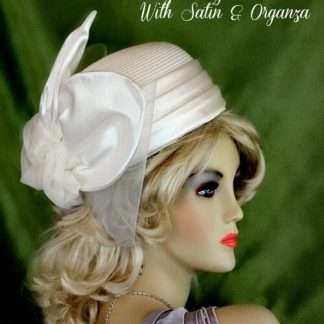 Women's Ivory White Black Satin Straw Braid Pillbox Hat