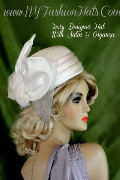 Women's Ivory White Black Satin Straw Braid Pillbox Hat