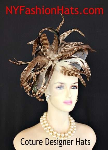 Women's Ivory White Felt Winter Fascinator Hat Brown Tiger Feathers