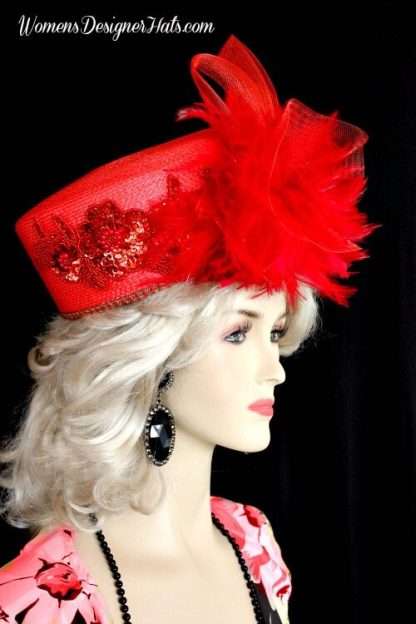 Women's Red Formal Pillbox Wedding Bridal Hat