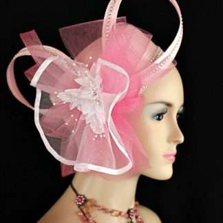 Women's pink white designer cocktail wedding pillbox hat rhinestone flowers