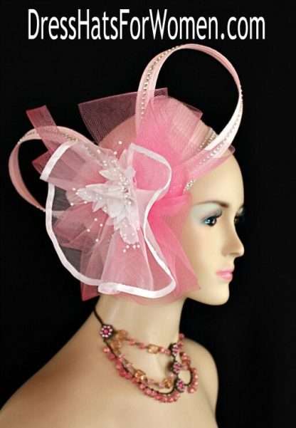 Women's pink white designer cocktail wedding pillbox hat rhinestone flowers