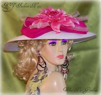 Women's white hot pink kentucky derby designer hat church wedding dress hats