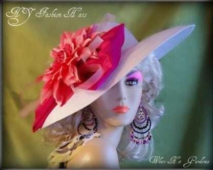 Women's white hot pink kentucky derby designer hat church wedding dress hats